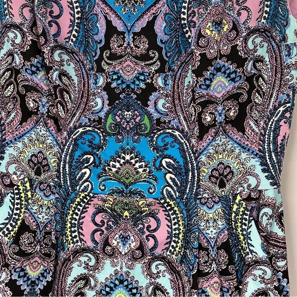New York & Company Super Cute Art Deco Blues & Pinks Sheath Dress Size 8 - Picture 4 of 12